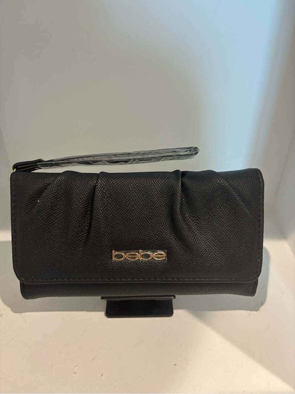 bebe Black Wristlet Clutch with Gold Logo